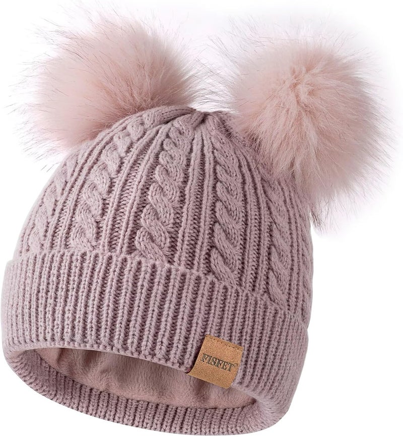 FISFET Beanies Women with Double Pom Pom, Winter Hats for Women Cold Weather Warm Knit Fleece Lined, Cute Beanie Cap - Image 1